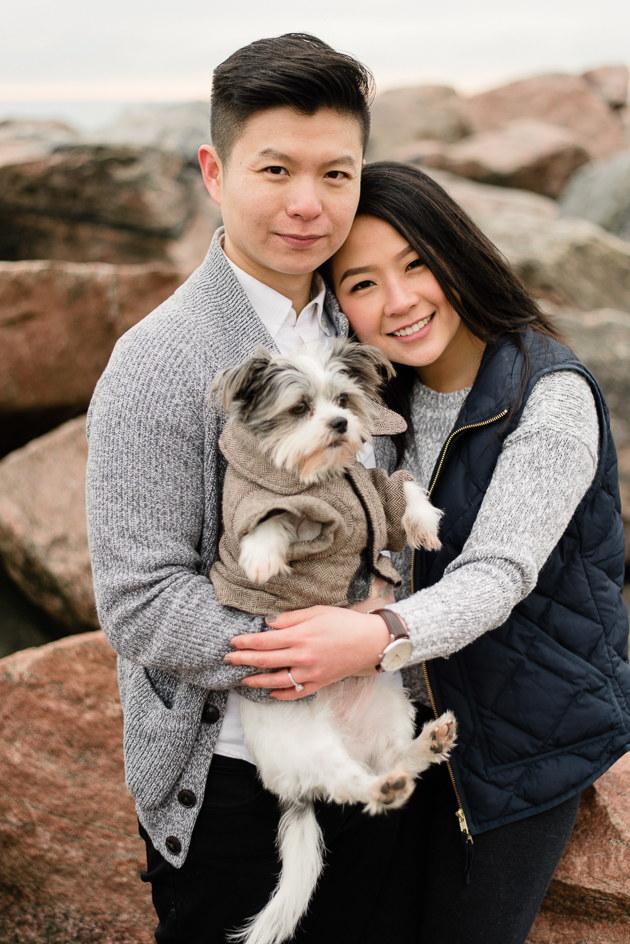 brave pup in her favourite coat during the engagement photo shoot