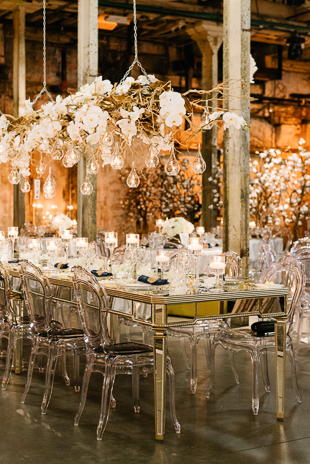 White orchid hanging centrepiece at the Fermenting Cellar wedding