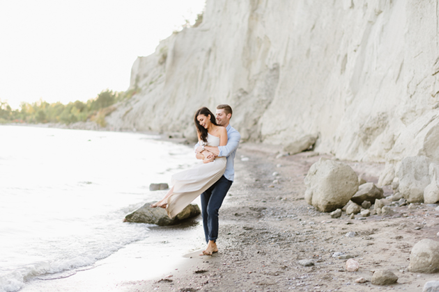 The bride wore a silk pastel dress for her engagement photos and it looked amazing!